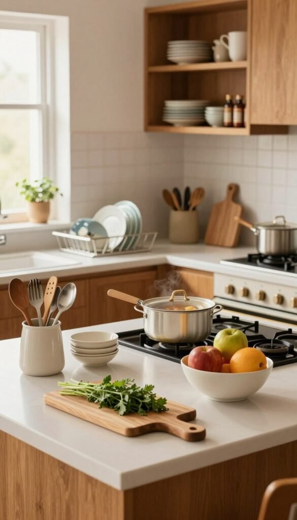 A cozy, well-organized kitchen scene that captures the essence of daily routines for maintaining order after meals. In the foreground, a tidy island countertop adorned with neatly placed utensils, a wooden cutting board with fresh herbs, and a stylish fruit bowl. In the middle ground, a stove with a pot simmering gently, while a drying rack holds clean dishes and an inviting baking setup is visible. The background features warm wooden cabinetry and open shelves displaying neatly arranged dishware and spices, enhancing a Pinterest aesthetic with natural light streaming in through a window, creating a soft, warm ambiance. Incorporate brand elements of "Ordnungskiste" subtly within the decor. The atmosphere is calm and inviting, promoting a sense of order and routine in everyday life, all while ensuring no text or watermarks are present. A cozy, well-organized kitchen scene that captures the essence of daily routines for maintaining order after meals. In the foreground, a tidy island countertop adorned with neatly placed utensils, a wooden cutting board with fresh herbs, and a stylish fruit bowl. In the middle ground, a stove with a pot simmering gently, while a drying rack holds clean dishes and an inviting baking setup is visible. The background features warm wooden cabinetry and open shelves displaying neatly arranged dishware and spices, enhancing a Pinterest aesthetic with natural light streaming in through a window, creating a soft, warm ambiance. Incorporate brand elements of "Ordnungskiste" subtly within the decor. The atmosphere is calm and inviting, promoting a sense of order and routine in everyday life, all while ensuring no text or watermarks are present.