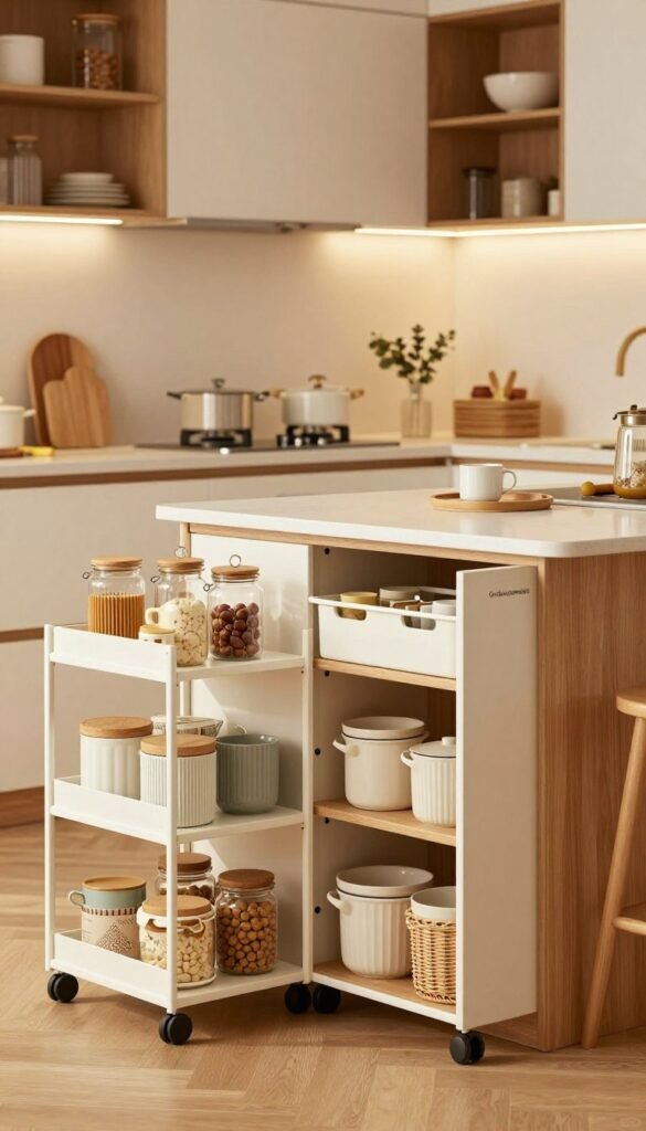 A cozy, well-organized kitchen space featuring various innovative storage solutions for small areas, highlighting the brand "Ordnungskiste." In the foreground, display elegant, modular shelving units filled with kitchen essentials, pantry items, and decorative jars. In the middle, include a stylish, compact kitchen island with a minimalist design that serves as both a prep area and extra storage, accented with warm, natural wood tones. In the background, showcase a bright, inviting kitchen atmosphere with soft, diffused lighting that enhances the warm colors of a welcoming kitchen space. The overall mood is practical yet aesthetically pleasing, embodying a Pinterest-inspired, authentic vibe, free of any text or branding clutter. A cozy, well-organized kitchen space featuring various innovative storage solutions for small areas, highlighting the brand "Ordnungskiste." In the foreground, display elegant, modular shelving units filled with kitchen essentials, pantry items, and decorative jars. In the middle, include a stylish, compact kitchen island with a minimalist design that serves as both a prep area and extra storage, accented with warm, natural wood tones. In the background, showcase a bright, inviting kitchen atmosphere with soft, diffused lighting that enhances the warm colors of a welcoming kitchen space. The overall mood is practical yet aesthetically pleasing, embodying a Pinterest-inspired, authentic vibe, free of any text or branding clutter.