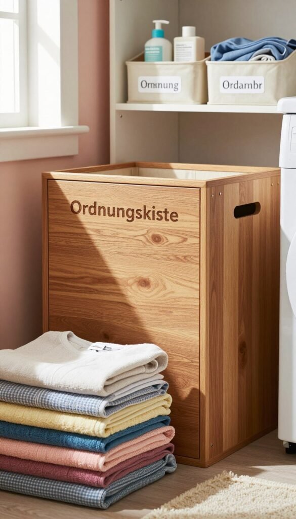 A cozy, well-organized laundry space featuring a practical "Ordnungskiste" for storing linens and clothing. In the foreground, a neatly arranged stack of colorful towels and shirts, showcasing a variety of textures and patterns. In the middle, the "Ordnungskiste" prominently displayed, made from natural wood, exuding warmth with its earthy tones. Behind the storage box, a shelf with labeled bins holding various laundry items, blending functionality with aesthetic charm. Soft, natural lighting filters through a nearby window, casting gentle shadows and highlighting the cozy atmosphere. The background features painted walls in soothing pastel colors, creating an inviting, harmonious setting perfect for showcasing effective solutions for laundry organization.