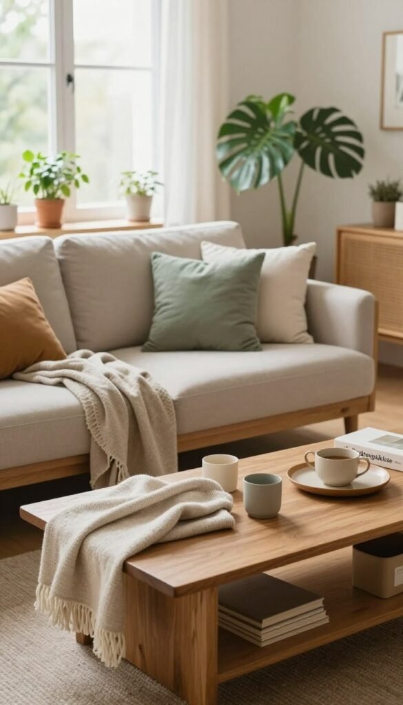 A cozy, well-organized living room inspired by a Pinterest aesthetic. In the foreground, a stylish wooden coffee table adorned with warm-toned cushions, a neutral throw blanket, and a few decorative items, all neatly arranged. The middle ground features a comfortable couch with minimalist decor, complemented by a &ldquo;Ordnungskiste&rdquo; storage box, adding functionality and style. In the background, bright, natural light floods through a large window, illuminating a few indoor plants that add a touch of greenery. The overall color palette includes soft hues of beige, pale green, and natural wood finishes, creating a warm, inviting atmosphere. The image captures a sense of simplicity and tranquility, inviting viewers to envision an orderly and harmonious living space.