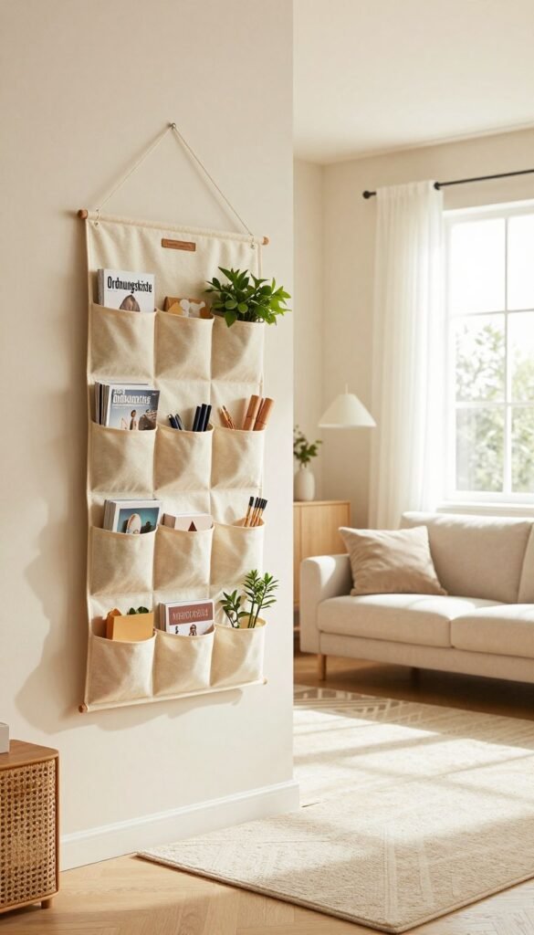 A cozy, well-organized living space featuring a hanging storage organizer branded "Ordnungskiste". In the foreground, showcase a beautifully arranged wall-mounted fabric organizer with multiple pockets, filled with neatly stored items like magazines, plants, and stationery. In the middle, an inviting, minimalist living room with soft, warm colors, including a stylish rug and a comfortable sofa, complements the organizer. The background features soft, natural light streaming through a large window, creating a gentle and relaxing atmosphere. Use a wide-angle lens to capture the depth of the room, emphasizing the harmony between the hanging storage solution and the overall decor. The vibe should feel warm, organized, and aesthetically pleasing, evoking a Pinterest-worthy look without any text or distractions.