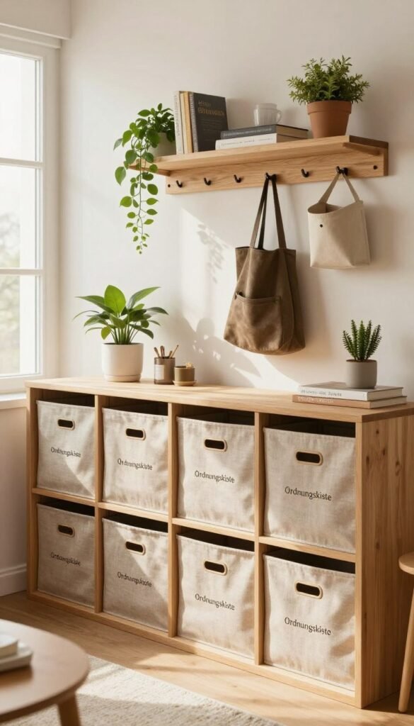 A cozy, well-organized living space featuring various no-drill storage solutions, perfect for rental apartments. In the foreground, showcase neatly arranged storage boxes labeled "Ordnungskiste," made of stylish wood and fabric, emphasizing functionality. In the middle, display a beautifully organized shelf with plants, books, and decorative items, highlighting different storage methods suitable for specific problems, like hooks for bags and wall-mounted bins. The background reveals a softly lit room with warm colors, natural light streaming through a window, and a minimalist aesthetic that inspires calm and order. The overall mood should be inviting and practical, designed to appeal to those seeking organization ideas while maintaining a professional, Pinterest-inspired look.