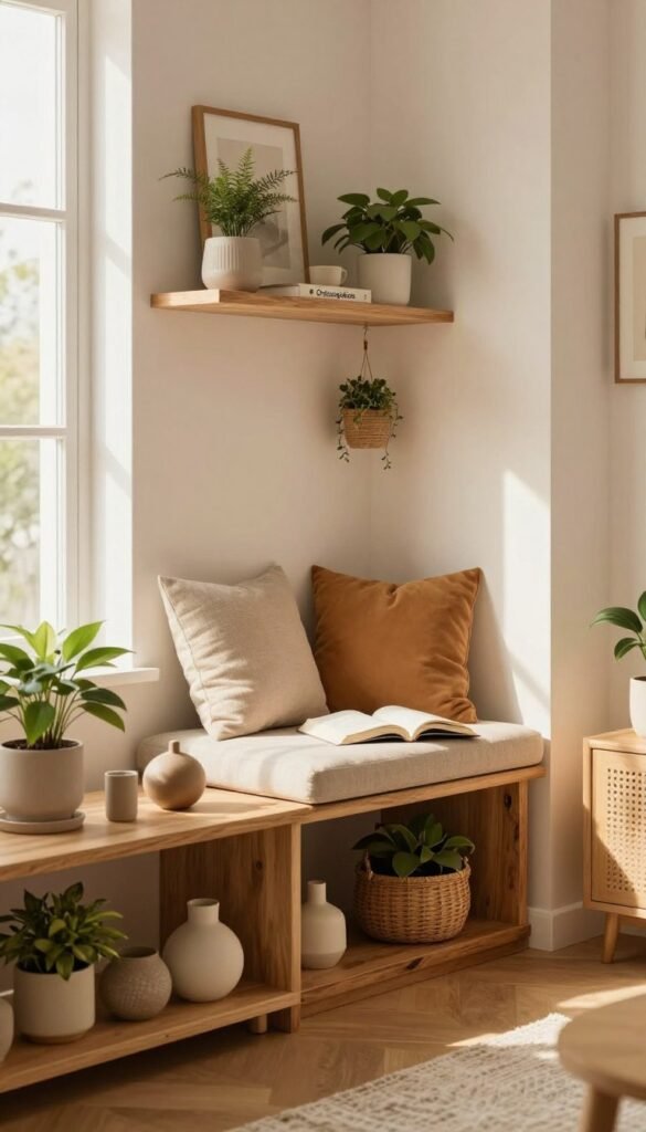 A cozy, well-organized living space showcasing a cleverly utilized niche for storage, filled with warm, inviting colors that evoke a Pinterest aesthetic. In the foreground, an elegant wooden shelf neatly displays various decor items and plants, emphasizing minimalism and organization. The middle layer features a stylish, rustic bench by the niche, adorned with soft cushions and an open book, inviting relaxation. Warm sunlight filters through a nearby window, casting a soft glow across the room, enhancing the calming atmosphere. The background shows subtle hints of modern decor, allowing the focus to remain on the niche storage. Include the brand name "Ordnungskiste" discreetly integrated within the design, emphasizing the theme of smart storage solutions.