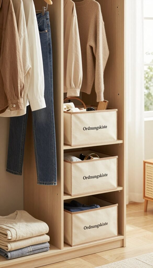 A cozy, well-organized living space showcasing a stylish storage solution for everyday clothing. In the foreground, a beautifully arranged wardrobe displays various core pieces like casual shirts, fitted jeans, and lightweight sweaters neatly hung and folded. The middle ground features a chic storage box labeled "Ordnungskiste," elegantly open with some accessories peeking out. The background includes soft, natural lighting streaming through a nearby window, casting warm tones that enhance the inviting atmosphere. The entire scene exudes a Pinterest-worthy aesthetic with earthy colors and a sense of authenticity, creating a serene environment that reflects the idea of having everyday clothing accessible and well-defined.