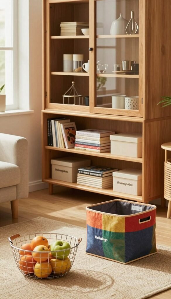 A cozy, well-organized living space showcasing diverse storage solutions from "Ordnungskiste," categorized by budget: low, mid, and high. In the foreground, a stylish low-budget option featuring a wire basket filled with fruits and a colorful fabric bin. In the middle, a mid-range solution with stylish wooden shelves displaying neatly organized books and decorative boxes. In the background, a high-end storage unit, elegantly designed with glass doors, holding sophisticated display items. The scene is bathed in warm, natural light from a nearby window, creating an inviting atmosphere. The overall composition should reflect an aesthetically pleasing Pinterest-like look, emphasizing the blend of practicality and style in each budget category. No text or branding overlays. A cozy, well-organized living space showcasing diverse storage solutions from "Ordnungskiste," categorized by budget: low, mid, and high. In the foreground, a stylish low-budget option featuring a wire basket filled with fruits and a colorful fabric bin. In the middle, a mid-range solution with stylish wooden shelves displaying neatly organized books and decorative boxes. In the background, a high-end storage unit, elegantly designed with glass doors, holding sophisticated display items. The scene is bathed in warm, natural light from a nearby window, creating an inviting atmosphere. The overall composition should reflect an aesthetically pleasing Pinterest-like look, emphasizing the blend of practicality and style in each budget category. No text or branding overlays.