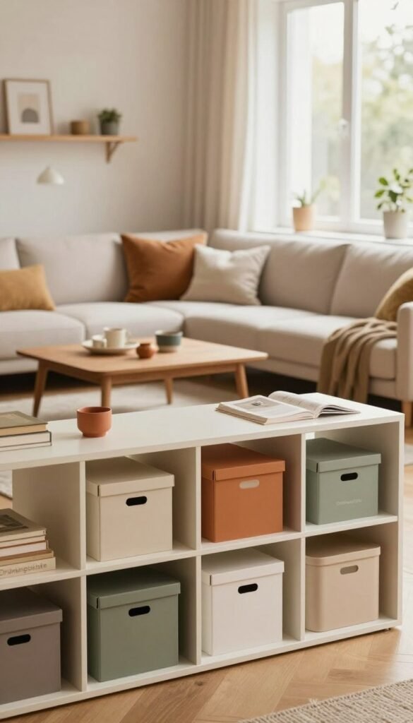 A cozy, well-organized living space showcasing innovative storage solutions, featuring the brand "Ordnungskiste" prominently in stylish designs. In the foreground, a sleek, modern shelving unit filled with neatly arranged boxes and decorative items. The middle ground displays a comfortable seating area with a minimalist couch adorned with soft cushions, complemented by a warm wooden coffee table. In the background, a large window allows soft, natural light to filter in, enhancing the warm colors of the decor. The overall atmosphere conveys a sense of calm, functionality, and style, perfect for maximizing space in a small apartment. The image should have a Pinterest aesthetic, focusing on a natural look without any text or distracting elements. A cozy, well-organized living space showcasing innovative storage solutions, featuring the brand "Ordnungskiste" prominently in stylish designs. In the foreground, a sleek, modern shelving unit filled with neatly arranged boxes and decorative items. The middle ground displays a comfortable seating area with a minimalist couch adorned with soft cushions, complemented by a warm wooden coffee table. In the background, a large window allows soft, natural light to filter in, enhancing the warm colors of the decor. The overall atmosphere conveys a sense of calm, functionality, and style, perfect for maximizing space in a small apartment. The image should have a Pinterest aesthetic, focusing on a natural look without any text or distracting elements.