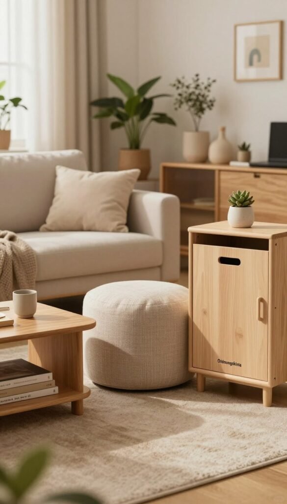 A cozy, well-organized living space showcasing various storage solutions suitable for different budget levels. In the foreground, display three stylish storage products: a sleek, wooden low-budget shelf, a mid-range fabric storage ottoman, and a high-end designer cabinet, all labeled with the brand name "Ordnungskiste". The middle ground features a soft, neutral-toned living room with warm lighting, highlighting the products' textures. In the background, include a softly blurred modern apartment scene, filled with plants and tasteful decor, suggesting functionality and aesthetics. The atmosphere is inviting and harmonious, emphasizing comfort and practical organization, with a Pinterest-inspired aesthetic that feels authentic and homey.