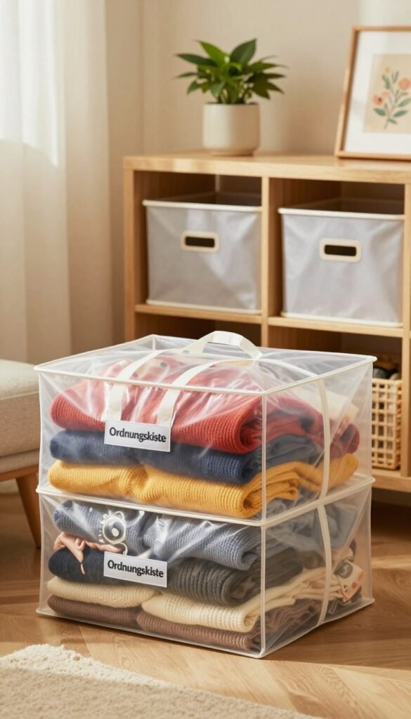 A cozy, well-organized room featuring a stylish storage solution for clothing. In the foreground, showcase a set of elegant vacuum-sealed storage bags, clearly labeled with the brand "Ordnungskiste". The bags should be semi-transparent, displaying neatly packed winter clothes, colorful sweaters, and accessories inside. In the middle ground, include a neatly arranged shelf with more storage boxes, enhancing the theme of efficient space management. The background should feature a softly lit, inviting room with warm colors, maybe some houseplants to add a touch of nature. Use soft, diffused lighting to create a warm, homely atmosphere, capturing the essence of a tidy, clutter-free space perfect for storing clothes.