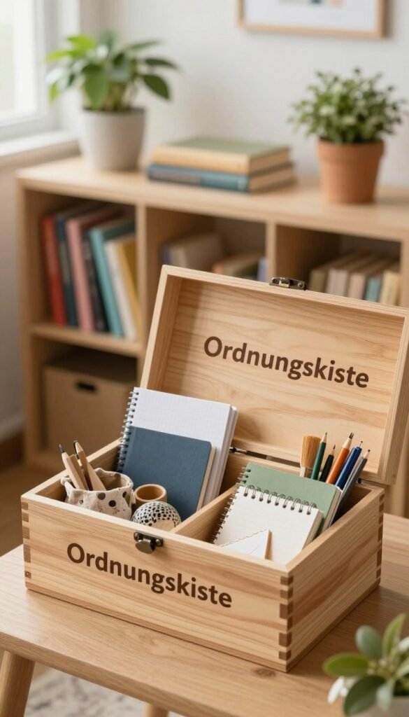 A cozy, well-organized room featuring an "Ordnungskiste" prominently placed in the foreground. The box, made of natural wood, is slightly open, revealing neatly arranged items like notebooks, stationery, and a few decorative pieces, symbolizing decluttering. In the middle ground, a tidy shelf filled with color-coordinated books and plants adds to the sense of order. The background features soft, warm lighting filtering through a window, creating a welcoming atmosphere. The scene is captured from a slightly elevated angle, emphasizing the box's contents and inviting viewers to feel the stress-relief of organization. Overall, the image conveys peace and clarity, with a Pinterest-inspired aesthetic, focusing on natural colors and authenticity, without any text or distractions.