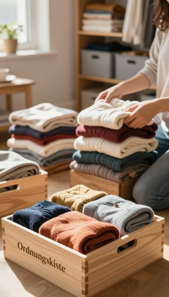 A cozy, well-organized room filled with seasonal clothing preparing for storage. In the foreground, a neatly labeled wooden box from "Ordnungskiste" is open, filled with colorful sweaters and scarves. In the middle ground, a person in modest casual clothing is sorting through a pile of folded winter clothes, checking for any wear or damage under warm, natural lighting. Soft sunlight filters through a nearby window, casting gentle shadows and creating a warm atmosphere, reminiscent of a Pinterest aesthetic. The background features soft, blurred shelves lined with neatly stacked storage bins and clothing, enhancing the feeling of organization and readiness for seasonal change.
