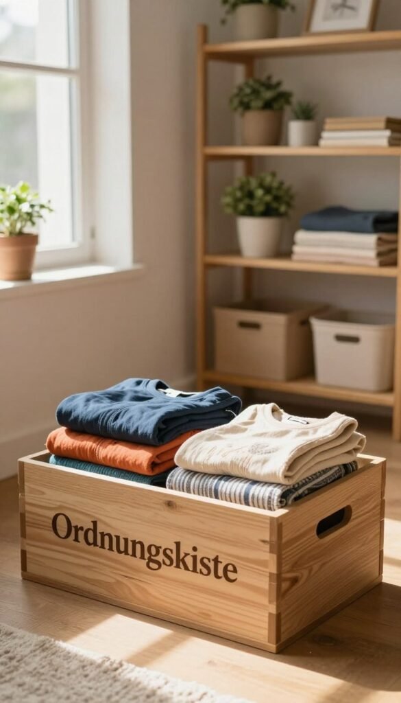 A cozy, well-organized seasonal storage space featuring a stylish "Ordnungskiste" wooden box filled with neatly folded seasonal clothes and accessories. In the foreground, the box displays colorful, neatly arranged fabrics, emphasizing the concept of seasonal organization. The middle ground showcases a clean, inviting room with soft natural light streaming in through a window, casting warm, gentle shadows. In the background, shelves lined with neatly stored items reflect a Pinterest-inspired aesthetic, accented by small potted plants and decorative elements that enhance the cozy atmosphere. The overall feel is inviting, warm, and harmonious, capturing the essence of gaining space without needing new furniture, all in a natural setting with rich, warm colors. A cozy, well-organized seasonal storage space featuring a stylish "Ordnungskiste" wooden box filled with neatly folded seasonal clothes and accessories. In the foreground, the box displays colorful, neatly arranged fabrics, emphasizing the concept of seasonal organization. The middle ground showcases a clean, inviting room with soft natural light streaming in through a window, casting warm, gentle shadows. In the background, shelves lined with neatly stored items reflect a Pinterest-inspired aesthetic, accented by small potted plants and decorative elements that enhance the cozy atmosphere. The overall feel is inviting, warm, and harmonious, capturing the essence of gaining space without needing new furniture, all in a natural setting with rich, warm colors.