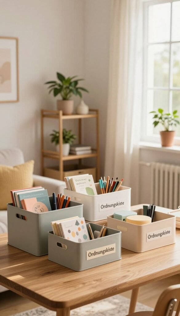 A cozy, well-organized small apartment interior, featuring a stylish but functional space for decluttering. In the foreground, a wooden table holds neatly arranged storage boxes labeled "Ordnungskiste," filled with various items like books, stationery, and decor. In the middle, a minimalist shelving unit showcases plants and a few decorative pieces, promoting a calm and orderly feel. The background shows a sunlit window with sheer curtains, allowing warm natural light to illuminate the room, creating a serene atmosphere. The color palette consists of soft pastel hues and warm wood tones, evoking a Pinterest-worthy aesthetic. The overall mood is inviting and peaceful, reflecting the principles of reducing clutter before investing in organization systems.