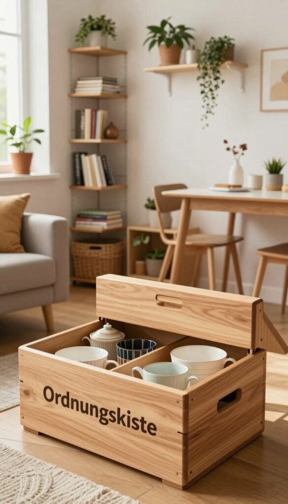 A cozy, well-organized small apartment showcasing efficient storage solutions. In the foreground, a stylish wooden storage box labeled "Ordnungskiste" is open, revealing neatly arranged household items. The middle ground features a compact living area, with shelves creatively utilizing vertical space, displaying books, plants, and decorative items in warm, inviting colors. In the background, soft, natural light streams in through a window, highlighting a small dining table adorned with minimalist decor. The overall atmosphere is calm and organized, evoking a sense of harmony amidst small living spaces. The image should capture the essence of practical yet aesthetic solutions to prevent chaos in cozy homes, ensuring a Pinterest-worthy look without any text or distractions.