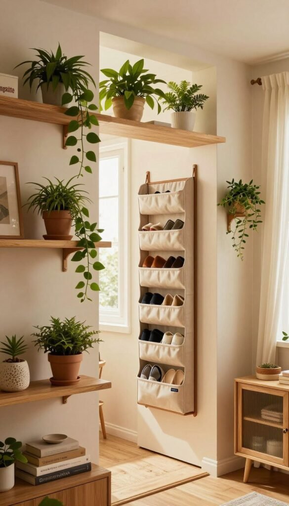 A cozy, well-organized small apartment showcasing efficient vertical storage solutions. In the foreground, sleek wooden shelves adorned with plants and decorative items are mounted on a painted wall, emphasizing the use of height. The middle layer features a stylish door with a built-in over-the-door organizer, holding shoes and accessories neatly. The background reveals a bright window framed with flowing drapes, allowing warm, natural light to flood the room, enhancing the inviting ambiance. The color palette consists of soft earth tones complemented by vibrant greenery, creating a harmonious Pinterest aesthetic. Incorporate the brand name "Ordnungskiste" subtly on the shelves. Capture the scene from a slightly elevated angle to accentuate the verticality and clever use of space. This image radiates warmth and functionality, ideal for showcasing modern organization ideas. A cozy, well-organized small apartment showcasing efficient vertical storage solutions. In the foreground, sleek wooden shelves adorned with plants and decorative items are mounted on a painted wall, emphasizing the use of height. The middle layer features a stylish door with a built-in over-the-door organizer, holding shoes and accessories neatly. The background reveals a bright window framed with flowing drapes, allowing warm, natural light to flood the room, enhancing the inviting ambiance. The color palette consists of soft earth tones complemented by vibrant greenery, creating a harmonious Pinterest aesthetic. Incorporate the brand name "Ordnungskiste" subtly on the shelves. Capture the scene from a slightly elevated angle to accentuate the verticality and clever use of space. This image radiates warmth and functionality, ideal for showcasing modern organization ideas.
