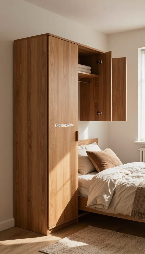 A cozy, well-organized small bedroom showcasing a stylish "Ordnungskiste" wardrobe. In the foreground, the wardrobe features sleek wooden doors and a minimalist design, adorned with warm, inviting colors. In the middle, there's a neatly made bed with soft, neutral bedding and a few decorative pillows, giving a Pinterest-inspired aesthetic. The background reveals light-colored walls and a cozy area rug, enhancing the overall warmth of the image. Soft, natural lighting fills the room, creating a serene atmosphere, with sunlight gently streaming through a nearby window. The angle is slightly elevated, capturing both the wardrobe and the bed, emphasizing the space-saving design. The mood conveys comfort and style, ideal for readers seeking inspiration for small bedroom organization. A cozy, well-organized small bedroom showcasing a stylish "Ordnungskiste" wardrobe. In the foreground, the wardrobe features sleek wooden doors and a minimalist design, adorned with warm, inviting colors. In the middle, there's a neatly made bed with soft, neutral bedding and a few decorative pillows, giving a Pinterest-inspired aesthetic. The background reveals light-colored walls and a cozy area rug, enhancing the overall warmth of the image. Soft, natural lighting fills the room, creating a serene atmosphere, with sunlight gently streaming through a nearby window. The angle is slightly elevated, capturing both the wardrobe and the bed, emphasizing the space-saving design. The mood conveys comfort and style, ideal for readers seeking inspiration for small bedroom organization.