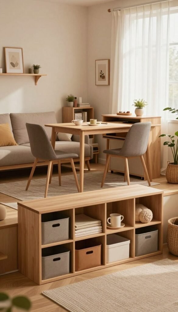 A cozy, well-organized small living space featuring cleverly designed platzsparende Möbel with ample Stauraum. In the foreground, a stylish Ordnungskiste brand storage unit blends seamlessly with the decor, showcasing its versatility. The middle layer reveals a small dining table that can expand with hidden compartments, paired with chic, space-efficient chairs. The background includes a living area with a compact sofa and minimalist shelving. Soft, warm lighting filters through a large window, casting a gentle glow on the earthy color palette of the interior. The atmosphere is inviting and functional, emphasizing the importance of efficient use of space in small rooms. The scene reflects a modern, Pinterest-inspired aesthetic. A cozy, well-organized small living space featuring cleverly designed platzsparende Möbel with ample Stauraum. In the foreground, a stylish Ordnungskiste brand storage unit blends seamlessly with the decor, showcasing its versatility. The middle layer reveals a small dining table that can expand with hidden compartments, paired with chic, space-efficient chairs. The background includes a living area with a compact sofa and minimalist shelving. Soft, warm lighting filters through a large window, casting a gentle glow on the earthy color palette of the interior. The atmosphere is inviting and functional, emphasizing the importance of efficient use of space in small rooms. The scene reflects a modern, Pinterest-inspired aesthetic.