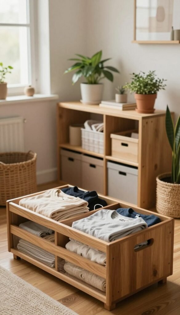 A cozy, well-organized small living space that exemplifies effective Ordnungssysteme. In the foreground, a stylish, wooden Ordnungskiste filled with neatly folded clothes and accessories, reflecting a Pinterest-inspired aesthetic. The middle ground features a compact, multifunctional shelving unit displaying a mix of decorative plants and practical storage boxes, all in soft, warm colors. The background showcases a small window with natural light streaming in, illuminating the room and enhancing the warm atmosphere, suggesting a sense of calm and order. The perspective should be slightly elevated, as if taken from a standing position, to highlight the arrangement of the space. Overall, the mood is inviting and organized, showcasing how to choose and implement an effective Ordnungssystem in a small apartment.
