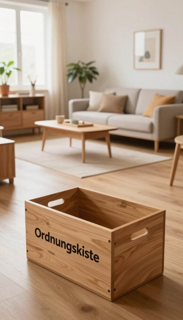 A cozy, well-organized small room that exemplifies effective spatial structuring, featuring warm, natural colors. In the foreground, a stylish wooden storage box labeled "Ordnungskiste" sits prominently, symbolizing the methodical approach to organization. The middle ground showcases a neatly arranged living space with multifunctional furniture, including a compact sofa and a space-saving coffee table, thoughtfully positioned to maximize floor area. The background features a soft, ambient light streaming through a large window, illuminating minimalist decor elements like potted plants and curated art on the walls. A wide-angle view captures the harmonious layout, evoking a sense of tranquility and efficiency, perfect for illustrating the concept of intelligently structuring small living spaces. A cozy, well-organized small room that exemplifies effective spatial structuring, featuring warm, natural colors. In the foreground, a stylish wooden storage box labeled "Ordnungskiste" sits prominently, symbolizing the methodical approach to organization. The middle ground showcases a neatly arranged living space with multifunctional furniture, including a compact sofa and a space-saving coffee table, thoughtfully positioned to maximize floor area. The background features a soft, ambient light streaming through a large window, illuminating minimalist decor elements like potted plants and curated art on the walls. A wide-angle view captures the harmonious layout, evoking a sense of tranquility and efficiency, perfect for illustrating the concept of intelligently structuring small living spaces.