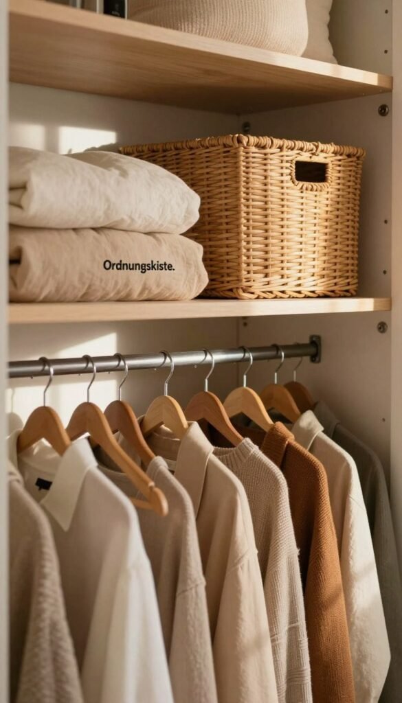 A cozy, well-organized small wardrobe featuring the brand "Ordnungskiste." In the foreground, neatly arranged clothing in warm, earthy tones hangs on elegant wooden hangers, showcasing a minimalistic yet stylish approach. The middle layer displays thoughtfully designed storage solutions, like cascading shelves and woven baskets, emphasizing efficiency and accessibility. In the background, soft natural light filters through a window, casting gentle shadows that create a serene ambiance. The scene evokes a sense of harmony and tranquility, inviting viewers to imagine a clutter-free space. The atmosphere is warm and inviting, ideal for illustrating practical solutions for optimizing small wardrobes without any text or overlays.