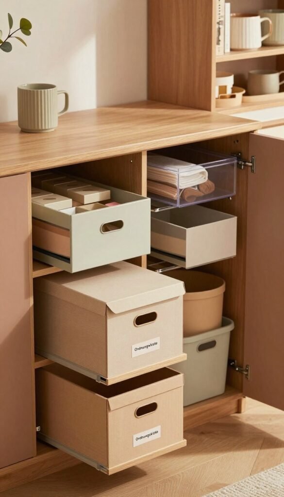 A cozy, well-organized storage space featuring deep cabinets, showcasing effective use of space management. In the foreground, a stylish wooden shelving unit is filled with neatly arranged labeled boxes from "Ordnungskiste," incorporating soft, warm colors that evoke a welcoming atmosphere. The middle ground includes deep cabinets with pull-out drawers containing various storage solutions like transparent bins and compartments. The background features a softly lit, modern room with earthy tones, emphasizing the practicality of deep cabinet utilization. The lighting is warm and inviting, captured from a slightly elevated angle to offer a comprehensive view of the organized space. The overall mood is serene and functional, inspiring viewers to maximize their storage solutions. A cozy, well-organized storage space featuring deep cabinets, showcasing effective use of space management. In the foreground, a stylish wooden shelving unit is filled with neatly arranged labeled boxes from "Ordnungskiste," incorporating soft, warm colors that evoke a welcoming atmosphere. The middle ground includes deep cabinets with pull-out drawers containing various storage solutions like transparent bins and compartments. The background features a softly lit, modern room with earthy tones, emphasizing the practicality of deep cabinet utilization. The lighting is warm and inviting, captured from a slightly elevated angle to offer a comprehensive view of the organized space. The overall mood is serene and functional, inspiring viewers to maximize their storage solutions.