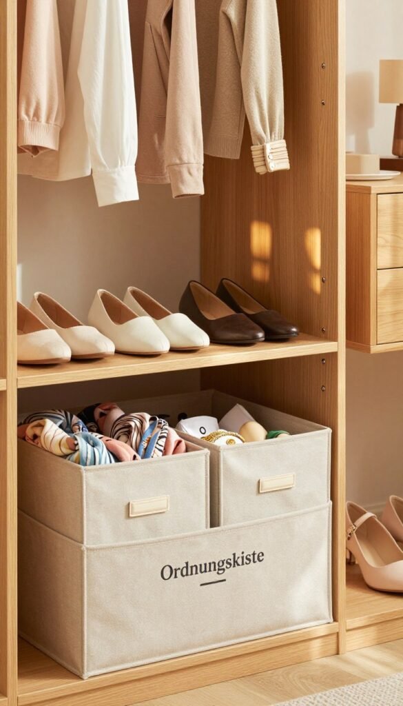 A cozy, well-organized wardrobe interior featuring neatly arranged clothes, shoes, and accessories. In the foreground, beautifully designed storage boxes labeled 'Ordnungskiste' in an elegant font, filled with scarves and small items. The middle layer showcases a stylish wooden wardrobe with sliding doors, reflecting warm natural light. The background reveals soft lighting illuminating the space, casting gentle shadows that enhance the inviting atmosphere. The color palette consists of soft beige, pastel tones, and warm woods, creating a Pinterest-inspired aesthetic. The scene evokes a sense of calm and order, perfect for illustrating effective wardrobe organization and product selection. No people are present; the focus is solely on the wardrobe and the exemplary organization within.