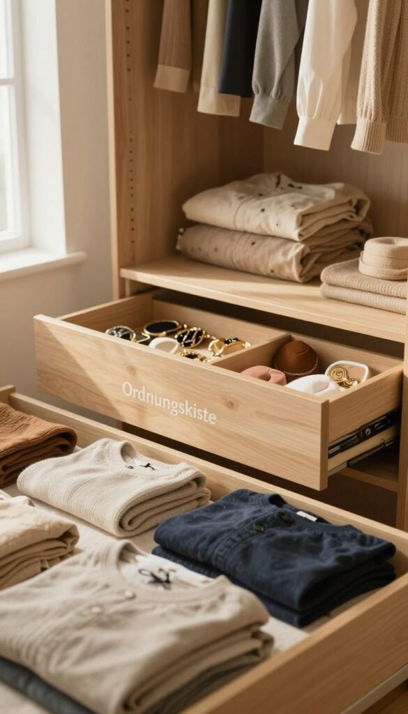 A cozy, well-organized wardrobe interior showcasing essential purchase criteria: size, material, functionality, and everyday practicality. The foreground features neatly folded clothing items, emphasizing various textures and colors with a focus on natural fabrics. In the middle, an open drawer displays stylish accessories, while the background reveals a well-structured closet with ample space, highlighting a warm and inviting atmosphere. Soft, natural lighting filters through a nearby window, casting gentle shadows and enhancing the overall warmth of the scene. The brand name "Ordnungskiste" is subtly incorporated into the wardrobe design. The style should reflect a Pinterest aesthetic&mdash;authentic and visually appealing&mdash;creating a sense of comfort and order without any text or distractions.