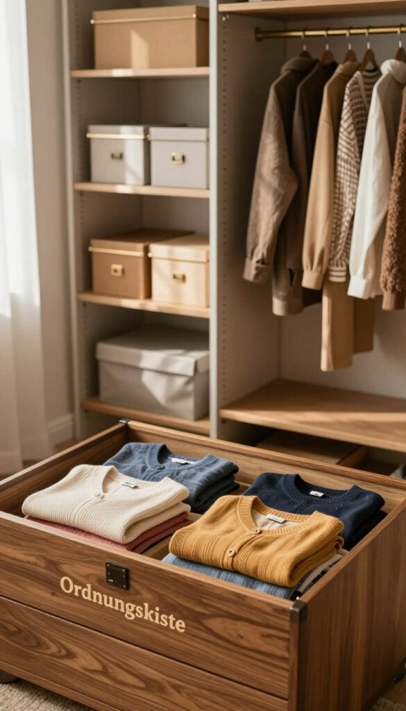 A cozy, well-organized wardrobe scene featuring various storage solutions for clothing. In the foreground, a stylish wooden chest labeled "Ordnungskiste" opens to reveal neatly folded seasonal clothes in warm, inviting colors. In the middle ground, a modern shelving unit displays a mix of decorative boxes and hanging garments, showcasing low, mid, and high-budget solutions for clothing storage. In the background, soft natural light filters through a window, casting gentle shadows and creating a warm atmosphere. The mood is inspiring and practical, encouraging viewers to envision their own storage setups in a stylish, Pinterest-worthy aesthetic. No text or overlays in the image. A cozy, well-organized wardrobe scene featuring various storage solutions for clothing. In the foreground, a stylish wooden chest labeled "Ordnungskiste" opens to reveal neatly folded seasonal clothes in warm, inviting colors. In the middle ground, a modern shelving unit displays a mix of decorative boxes and hanging garments, showcasing low, mid, and high-budget solutions for clothing storage. In the background, soft natural light filters through a window, casting gentle shadows and creating a warm atmosphere. The mood is inspiring and practical, encouraging viewers to envision their own storage setups in a stylish, Pinterest-worthy aesthetic. No text or overlays in the image.