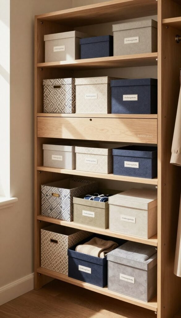 A cozy, well-organized wardrobe showcasing an array of stylish storage boxes labeled "Ordnungskiste." In the foreground, a beautifully arranged shelf displays a variety of patterned and solid-colored boxes, some slightly open to reveal neatly folded clothing and accessories inside. The middle ground features a spacious, modern "kleiderschrank" with wooden accents, emphasizing functionality and style. The background contains softly lit walls painted in warm, neutral tones, contributing to an inviting atmosphere. Natural light streams in from a nearby window, casting gentle shadows and highlighting the textures of the boxes and wood. The overall mood is warm, inviting, and practical, embodying the theme of smart storage solutions for the modern wardrobe. A cozy, well-organized wardrobe showcasing an array of stylish storage boxes labeled "Ordnungskiste." In the foreground, a beautifully arranged shelf displays a variety of patterned and solid-colored boxes, some slightly open to reveal neatly folded clothing and accessories inside. The middle ground features a spacious, modern "kleiderschrank" with wooden accents, emphasizing functionality and style. The background contains softly lit walls painted in warm, neutral tones, contributing to an inviting atmosphere. Natural light streams in from a nearby window, casting gentle shadows and highlighting the textures of the boxes and wood. The overall mood is warm, inviting, and practical, embodying the theme of smart storage solutions for the modern wardrobe.