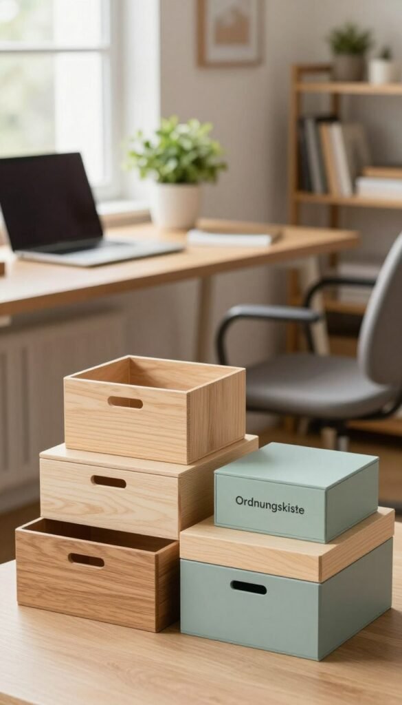 A cozy workspace featuring a beautifully arranged set of "Ordnungskiste" boxen in various sizes and colors. In the foreground, three neatly stacked boxes with natural wood textures and soft pastel shades showcase their multifunctionality, ideal for storing office supplies or personal items. The middle ground highlights a stylish workspace with a sleek desk, a laptop, and a potted plant, all bathed in warm, natural light coming from a nearby window. The background fades into a soft blurred view of a well-organized living room, creating an inviting atmosphere. Focus on capturing the essence of organization and practicality, with an overall Pinterest-inspired aesthetic that feels authentic and warm, avoiding any text or branding overlays. A cozy workspace featuring a beautifully arranged set of "Ordnungskiste" boxen in various sizes and colors. In the foreground, three neatly stacked boxes with natural wood textures and soft pastel shades showcase their multifunctionality, ideal for storing office supplies or personal items. The middle ground highlights a stylish workspace with a sleek desk, a laptop, and a potted plant, all bathed in warm, natural light coming from a nearby window. The background fades into a soft blurred view of a well-organized living room, creating an inviting atmosphere. Focus on capturing the essence of organization and practicality, with an overall Pinterest-inspired aesthetic that feels authentic and warm, avoiding any text or branding overlays.