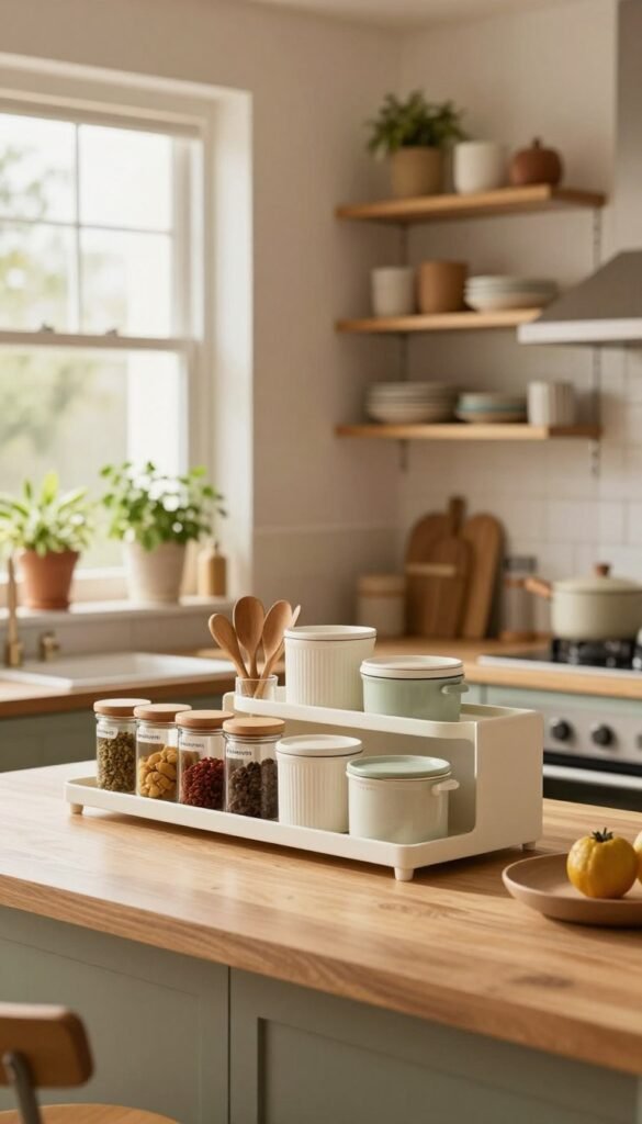 A cozy yet modern kitchen in a rental apartment, showcasing smart storage solutions by "Ordnungskiste". In the foreground, display an elegantly organized countertop with stylish containers and modular shelves, filled with kitchen essentials like spices, utensils, and cookware. The middle ground features open shelving filled with neatly arranged dishes and decorative items, emphasizing a Pinterest-inspired aesthetic. The background shows a window with soft, natural light streaming in, illuminating warm colors throughout the space. Include potted herbs on the windowsill for a touch of greenery. Capture a serene and inviting atmosphere, encouraging clarity and order in a rental kitchen. Use warm lighting with a soft focus to enhance the homey feel, and keep the composition balanced and harmonious.