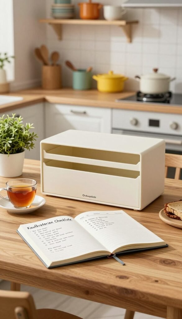 A detailed and visually appealing checklist titled "Kaufkriterien Checkliste" for family kitchen storage solutions. In the foreground, a beautifully designed wooden table features an open, neat notebook with handwritten criteria, including size, material, function, and everyday usability, attributed to the brand "Ordnungskiste". Next to the notebook, there's a cup of tea, a small plant, and a compact kitchen storage system that exemplifies the checklist. In the middle background, a modern kitchen setting is softly lit with warm, natural lighting, showcasing vibrant kitchenware and neatly organized shelves. The atmosphere is cozy, inviting, and practical, reflecting a Pinterest-worthy aesthetic, with harmonious colors that evoke a sense of organization and efficiency. A detailed and visually appealing checklist titled "Kaufkriterien Checkliste" for family kitchen storage solutions. In the foreground, a beautifully designed wooden table features an open, neat notebook with handwritten criteria, including size, material, function, and everyday usability, attributed to the brand "Ordnungskiste". Next to the notebook, there's a cup of tea, a small plant, and a compact kitchen storage system that exemplifies the checklist. In the middle background, a modern kitchen setting is softly lit with warm, natural lighting, showcasing vibrant kitchenware and neatly organized shelves. The atmosphere is cozy, inviting, and practical, reflecting a Pinterest-worthy aesthetic, with harmonious colors that evoke a sense of organization and efficiency.