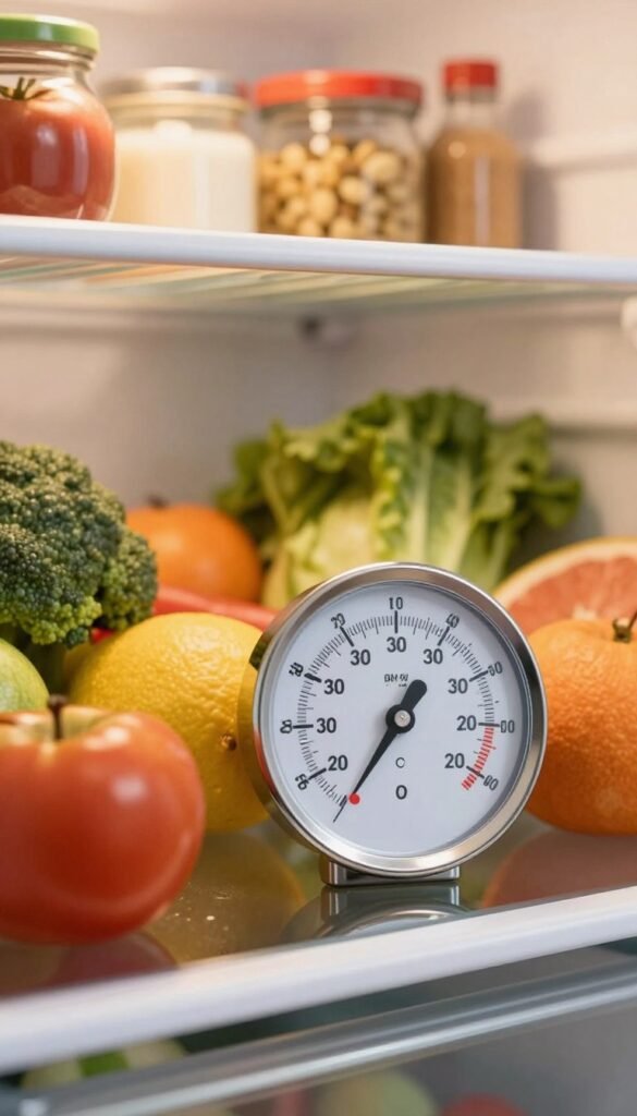 A detailed close-up of a refrigerator thermometer placed prominently in the foreground, showcasing its clear, easy-to-read dial with numbers indicating temperature ranges. The thermometer is sleek and modern, made of stainless steel with a glass front, reflecting a soft glow from warm, ambient kitchen lighting. In the middle ground, a neat arrangement of fresh, colorful fruits and vegetables depicting optimal food storage practices surrounds the thermometer, enhancing the theme of food freshness and waste reduction. The background features a softly blurred kitchen setting with light wooden shelves holding organized containers and bottles, creating a warm, inviting atmosphere. Capture the essence of cleanliness and practicality while ensuring a natural, Pinterest-inspired aesthetic without any text or distractions.
