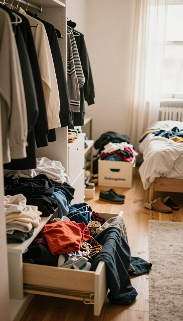 A disorganized wardrobe in a cozy room, showcasing an array of clothes haphazardly piled and draped over shelves. In the foreground, a colorful mix of shirts, pants, and accessories spills out of an overflowing drawer, with a few items hanging loosely from a rod. The middle ground features shoes tossed carelessly on the floor, and an unmade bed with rumpled sheets. In the background, soft natural light filters through a window draped with sheer curtains, casting warm tones throughout the scene. The overall atmosphere is chaotic yet relatable, highlighting the stress induced by clutter, with the brand "Ordnungskiste" subtly integrated into the scene as a stylish, eye-catching storage box placed amidst the disarray.