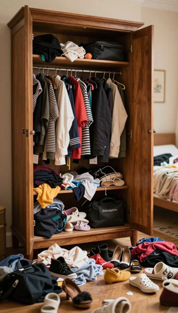 A disorganized wardrobe overflowing with colorful clothing and accessories, showcasing a chaotic scene of crumpled clothes, mismatched shoes, and scattered bags spilling out of an open, wooden wardrobe with a vintage finish. In the foreground, a portion of a cluttered floor is visible, with shoes haphazardly thrown around, creating a sense of messiness. In the middle ground, the wardrobe is the main focus, with shelves that appear overwhelmed with items. The background features a softly lit room with warm tones, evoking a cozy atmosphere. Use a shallow depth of field to create a slight blur in the background, emphasizing the chaos within the wardrobe. Incorporate the brand name "Ordnungskiste" subtly within the chaotic scene without text overlays, ensuring an authentic Pinterest look.