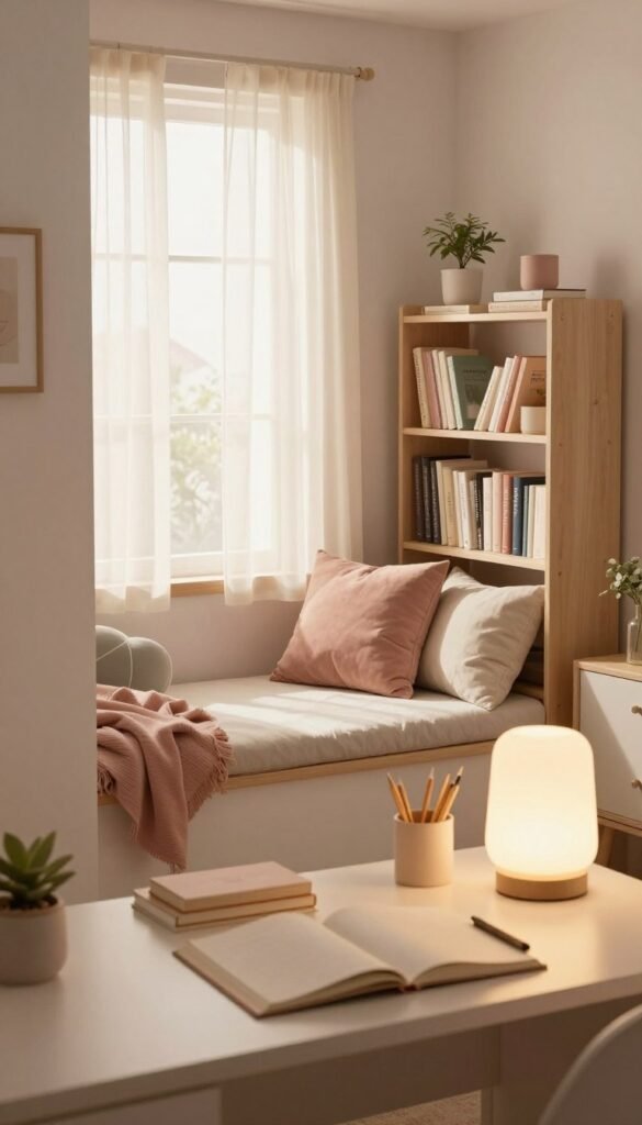 A harmonious, organized small room showcasing an inviting and calming atmosphere. The foreground features a neatly arranged workspace with a modern desk, equipped with stylish stationery and a soft, glowing desk lamp. In the middle ground, a cozy reading nook adorned with plush cushions and a beautiful bookshelf filled with neatly organized books showcases the essence of order. The background reveals a tranquil window with sheer curtains allowing soft, warm sunlight to fill the space, enhancing the room's inviting aura. The walls are painted in soothing, light hues, and accents of pastel colors add a touch of warmth. The overall mood is serene and inspiring, reflecting the beauty of an orderly space. Include subtle branding of "Ordnungskiste" on a decorative item within the room, ensuring it blends tastefully with the surroundings.