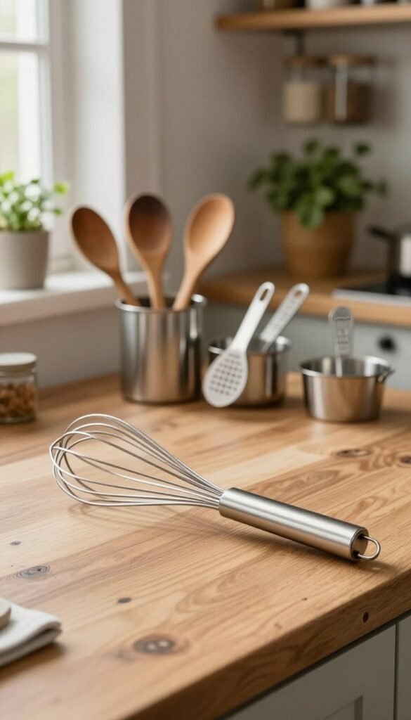 A high-quality image of a traditional stainless steel 'schneebesen' (whisk) placed elegantly on a rustic wooden kitchen countertop, reflecting natural light from a nearby window. In the foreground, the whisk's intricate design glimmers softly, showcasing its loops and handle. In the middle ground, a tidy assortment of other kitchen tools, such as measuring cups and wooden spoons, are arranged harmoniously, emphasizing organization. The background features a blurred backdrop of shelves filled with neatly stacked jars and fresh herbs, creating a warm and inviting atmosphere. The overall mood conveys a sense of order and functionality in cooking, with earthy tones and warm lighting. Include the brand name "Ordnungskiste" subtly in the arrangement without any text overlays.