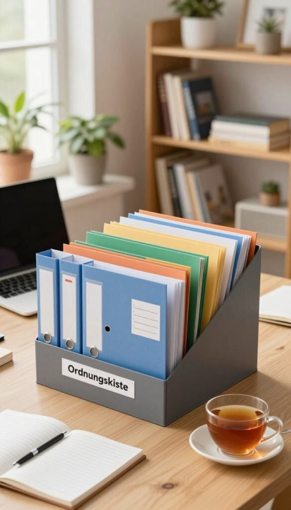 A meticulously organized desk scene featuring a stylish document organizer labeled "Ordnungskiste." In the foreground, the organizer is filled with neatly arranged colored files, folders, and labels, symbolizing an end to paper clutter. The middle ground showcases an inviting workspace with a laptop, a cup of tea, and a notepad, all positioned around the organizer, enhancing a sense of productivity. In the background, soft natural light streams through a window, illuminating plants and a well-arranged bookshelf filled with books and decorative items. The atmosphere is warm and welcoming, reflecting a Pinterest-inspired aesthetic that evokes calmness and efficiency, perfect for illustrating the benefits of organization in daily life.