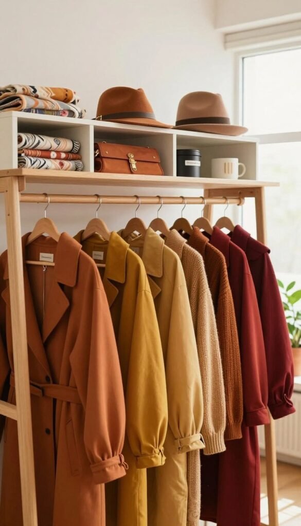 A meticulously organized wardrobe scene featuring a seasonal transition layout. In the foreground, display an elegant wooden garment rack holding a carefully curated selection of stylish clothing in warm autumn hues like burnt orange, mustard yellow, and deep red. The middle section showcases neatly arranged compartments filled with seasonal accessories&mdash;scarves, hats, and handbags&mdash;each beautifully labeled with the brand "Ordnungskiste." In the background, softly illuminated by natural light streaming through a window, a cozy room reflects a Pinterest-inspired aesthetic with minimalistic d&eacute;cor and houseplants. The overall atmosphere is warm, inviting, and harmonious, evoking a sense of freshness and readiness for the new season. Aim for a soft focus effect, simulating a gentle depth of field to draw attention to the wardrobe's details without distraction.
