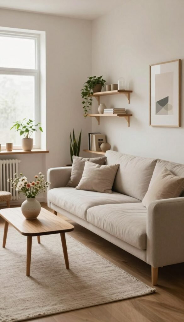 A minimalist living space featuring a cozy, well-organized room with natural materials and warm color tones. In the foreground, a stylish, modern sofa with soft cushions is complemented by a small wooden coffee table with a ceramic vase holding fresh flowers. The middle ground showcases a lightly textured rug, and minimalist shelves lined with curated decor items, including books and houseplants. In the background, large windows allow for abundant natural light, creating a serene atmosphere. The setting is enhanced by soft, muted wall colors and simple artwork. The scene embodies authenticity and comfort, reflecting the essence of "Ordnungskiste"&mdash;a place where minimalism meets warmth.