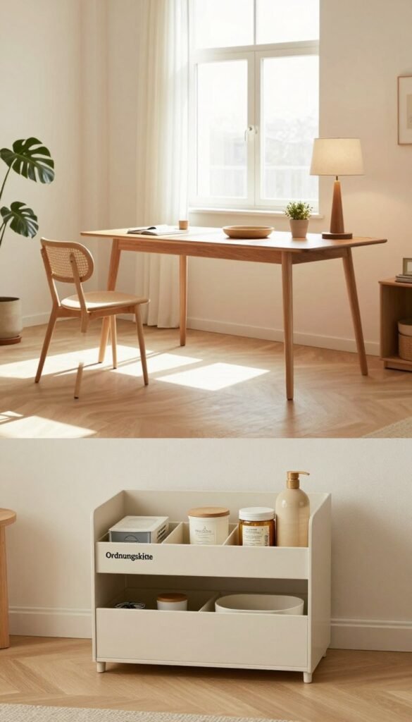 A minimalist living space showcasing a comparison of low-, mid-, and high-budget products, featuring elegant furniture and storage solutions. In the foreground, a stylish Ordnungskiste neatly organizes living essentials, emphasizing functionality and aesthetics. The middle section displays various product types: a sleek low-budget chair, a mid-range wooden table, and a high-end designer lamp, all harmoniously arranged around a light, warm-toned room with soft, natural lighting. In the background, a large window allows sunlight to stream in, illuminating a simple, serene d&eacute;cor with plants and neutral colors. The atmosphere is inviting and cozy, reflecting a Pinterest-worthy aesthetic with an emphasis on authenticity and warmth.