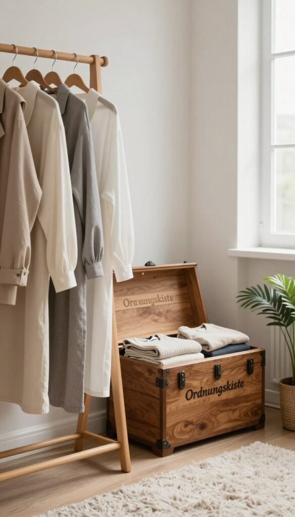 A minimalist wardrobe check in a well-organized, cozy room. In the foreground, a stylish, neatly hung collection of clothing on a wooden rack, showcasing various garments in neutral tones like beige, gray, and white, creating a serene vibe. In the middle, a vintage wooden chest labeled "Ordnungskiste" attracts attention, open with neatly folded garments peeking out. The background features soft natural lighting pouring in from a window, illuminating the space with a warm glow. A fluffy rug adds texture underfoot, while a potted plant adds a touch of greenery. The atmosphere feels inviting and calm, reflecting the principles of a minimalist lifestyle. No people or text, emphasizing the beauty of simplicity.