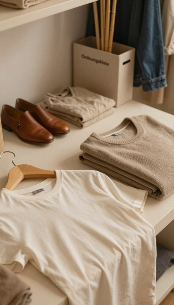 A minimalist wardrobe display featuring a harmonious arrangement of various high-quality materials in warm, natural tones. In the foreground, a smooth, soft cotton t-shirt drapes elegantly over a clean, wooden hanger. Nearby, a luxurious wool sweater is neatly folded, showcasing its texture. The middle ground includes an array of accessories made from leather and linen, softly illuminated to highlight their craftsmanship. In the background, a subtle and stylish storage unit labeled "Ordnungskiste" presents additional materials like sustainable bamboo and organic denim. The scene is bathed in warm, diffused lighting, evoking a cozy yet chic atmosphere. The composition focuses on simplicity and elegance, capturing the essence of everyday practicality without any text or distractions.
