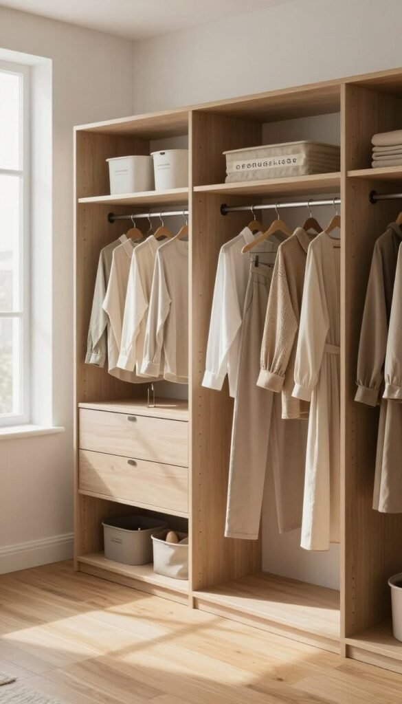 A minimalist wardrobe scene designed for optimal organization, featuring a spacious, open kleiderschrank. In the foreground, neatly arranged clothing in neutral tones&mdash;shirts, trousers, and dresses&mdash;hang on wooden hangers, while aesthetically pleasing containers labeled "Ordnungskiste" hold accessories and folded items. The middle ground showcases a smooth wooden floor, enhancing the warm and inviting atmosphere. The background reveals a softly lit room with natural light streaming through a large window, softly illuminating the space, creating shadows that evoke a sense of tranquility and order. The overall ambiance is serene and stylish, reflecting a Pinterest-worthy look, emphasizing simplicity and the beauty of an organized life. No people or text are present to maintain focus on the wardrobe design.