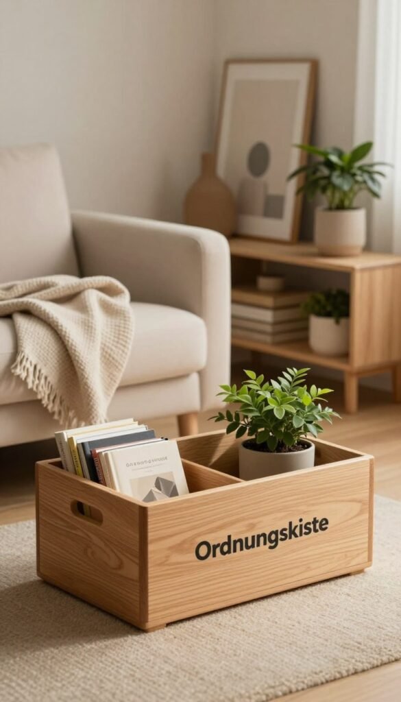 A minimalistic interior scene featuring stylish storage solutions, showcasing the brand "Ordnungskiste". In the foreground, a sleek wooden storage box with a simple design, filled with neatly organized items like books and plants. In the middle, a decluttered living space with a light-colored sofa, a cozy throw blanket, and soft, warm lighting that creates an inviting atmosphere. The background includes a tastefully decorated shelf with minimalist decor, framed art, and potted plants that enhance the overall warm color palette. The setting embodies a sense of calm and order, emphasizing the importance of mindful storage in a minimalist lifestyle. The angle should capture a slight top-down view to highlight the harmonious arrangement of items.