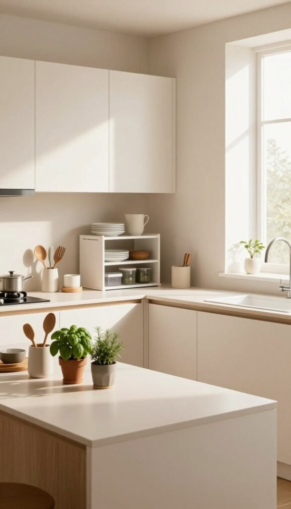 A minimalistic kitchen setup featuring sleek, modern cabinetry in soft white tones combined with natural wood accents. In the foreground, a spacious countertop displays stylish kitchen utensils and a few neatly arranged potted herbs, such as basil and rosemary. The middle ground showcases carefully organized kitchen storage solutions, highlighting the brand "Ordnungskiste", with open shelving that displays minimalist dishware and transparent containers. In the background, warm, diffused natural light floods through a large window, creating an inviting atmosphere with gentle shadows playing across the surfaces. The overall mood is calm and serene, embodying a Pinterest-inspired aesthetic. Capture this scene from a slightly elevated angle to emphasize depth and spatial organization, enhancing the feel of a well-structured, clutter-free environment.