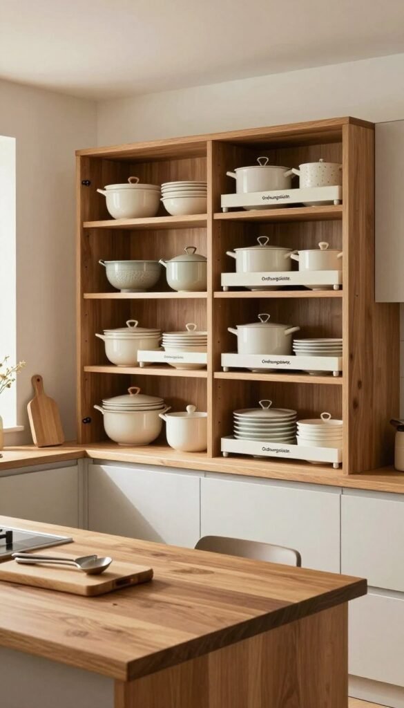 A modern and organized kitchen featuring high storage cabinets filled with neatly arranged kitchenware and storage solutions branded "Ordnungskiste." In the foreground, a stylish wooden countertop displays a few essential kitchen tools, like a cutting board and utensils, giving a sense of functionality. The middle ground showcases the cabinets, showcasing various innovative storage products that cater to low, mid, and high-budget options, all harmoniously integrated. The background consists of a softly lit kitchen space, with warm colors and elegant decor, evoking a Pinterest-inspired atmosphere. Use natural lighting to highlight the textures of the wood and materials, creating an inviting and practical vibe, with a focus on simplicity and organization.