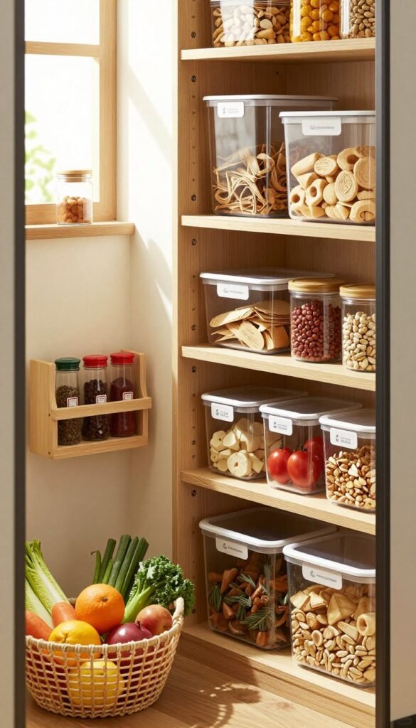 A modern and organized pantry (Vorratsschrank) showcasing various storage solutions like clear containers, wooden shelves, and labeled jars. In the foreground, a neatly arranged basket with fruits and vegetables, creating a fresh and inviting vibe. The middle of the image features a stylish spice rack and open shelving displaying an array of neatly arranged food items, emphasizing the practicality and aesthetics of pantry organization. In the background, soft natural light streams in from a window, illuminating the space and enhancing the warm, cozy atmosphere. The overall mood is one of efficiency and charm, reminiscent of Pinterest-style inspirations, with earthy tones and textures that invite viewers to envision their own pantry setup. A modern and organized pantry (Vorratsschrank) showcasing various storage solutions like clear containers, wooden shelves, and labeled jars. In the foreground, a neatly arranged basket with fruits and vegetables, creating a fresh and inviting vibe. The middle of the image features a stylish spice rack and open shelving displaying an array of neatly arranged food items, emphasizing the practicality and aesthetics of pantry organization. In the background, soft natural light streams in from a window, illuminating the space and enhancing the warm, cozy atmosphere. The overall mood is one of efficiency and charm, reminiscent of Pinterest-style inspirations, with earthy tones and textures that invite viewers to envision their own pantry setup.