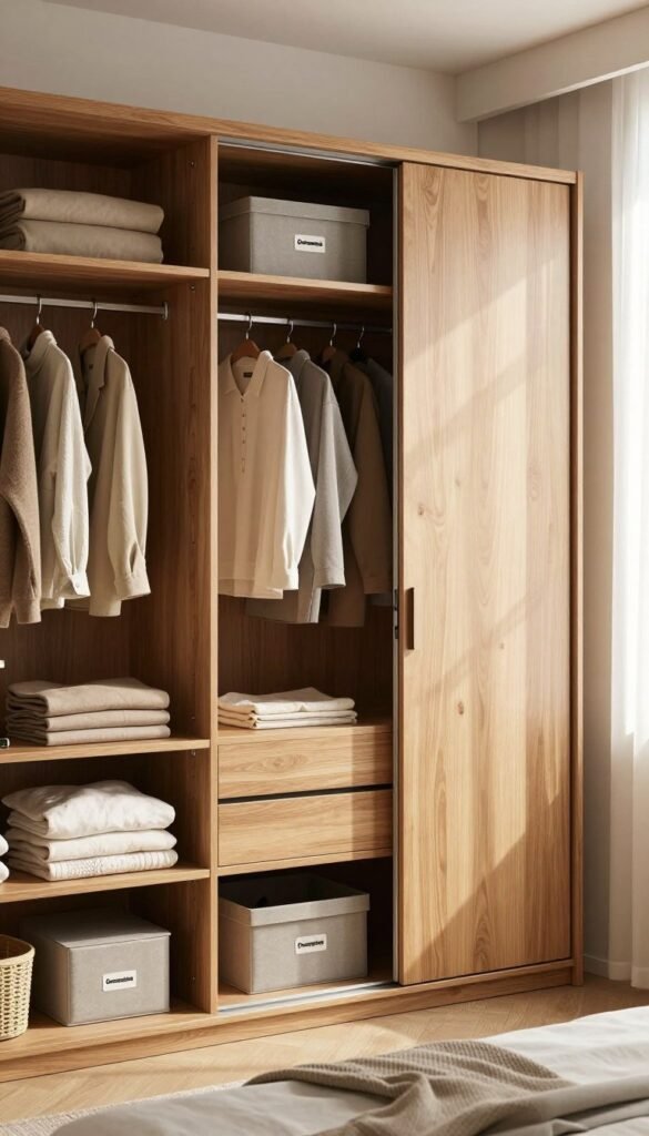 A modern and stylish "kleiderschrank" (wardrobe) showcased in a well-organized bedroom setting, designed for optimal space efficiency. The wardrobe features sleek wooden finishes and an array of compartments and shelves, maximizing storage for clothes and accessories. In the foreground, neatly folded garments and personalized organizational boxes with the brand name "Ordnungskiste" are visible, emphasizing functionality. The middle ground showcases the wardrobe's elegant sliding doors partially open, revealing a well-arranged interior. The background includes warm, natural lighting filtering through a nearby window, creating a cozy and inviting atmosphere. The overall color palette consists of soft, warm tones that evoke a sense of calm and order. No people are depicted, ensuring a focus on the wardrobe itself. A modern and stylish "kleiderschrank" (wardrobe) showcased in a well-organized bedroom setting, designed for optimal space efficiency. The wardrobe features sleek wooden finishes and an array of compartments and shelves, maximizing storage for clothes and accessories. In the foreground, neatly folded garments and personalized organizational boxes with the brand name "Ordnungskiste" are visible, emphasizing functionality. The middle ground showcases the wardrobe's elegant sliding doors partially open, revealing a well-arranged interior. The background includes warm, natural lighting filtering through a nearby window, creating a cozy and inviting atmosphere. The overall color palette consists of soft, warm tones that evoke a sense of calm and order. No people are depicted, ensuring a focus on the wardrobe itself.