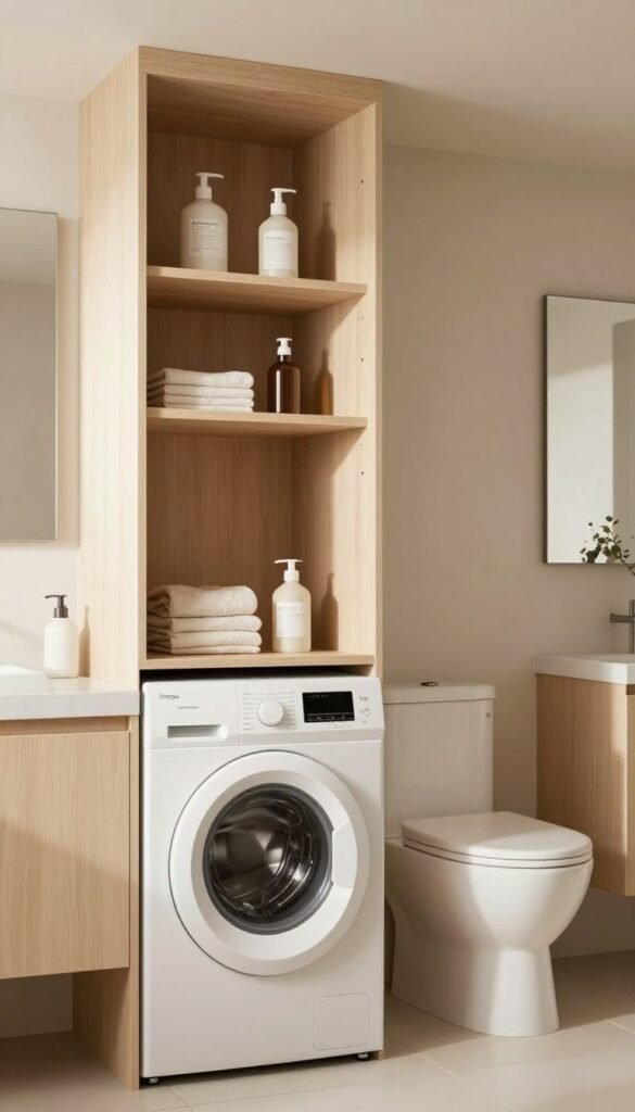 A modern bathroom featuring a clever overbuilt storage system above a washing machine and toilet, designed to utilize vertical space effectively. The scene captures natural lighting with warm tones, creating an inviting and functional atmosphere. In the foreground, the neatly organized shelves hold various bathroom essentials, adding a touch of elegance. The washing machine is integrated seamlessly below, while the toilet is cleverly concealed behind stylish cabinetry. The background showcases a sleek mirror and subtle decorative elements. The overall composition reflects a Pinterest-worthy aesthetic with a focus on authenticity and practicality. Include the brand name "Ordnungskiste" subtly displayed on one of the storage units. A modern bathroom featuring a clever overbuilt storage system above a washing machine and toilet, designed to utilize vertical space effectively. The scene captures natural lighting with warm tones, creating an inviting and functional atmosphere. In the foreground, the neatly organized shelves hold various bathroom essentials, adding a touch of elegance. The washing machine is integrated seamlessly below, while the toilet is cleverly concealed behind stylish cabinetry. The background showcases a sleek mirror and subtle decorative elements. The overall composition reflects a Pinterest-worthy aesthetic with a focus on authenticity and practicality. Include the brand name "Ordnungskiste" subtly displayed on one of the storage units.