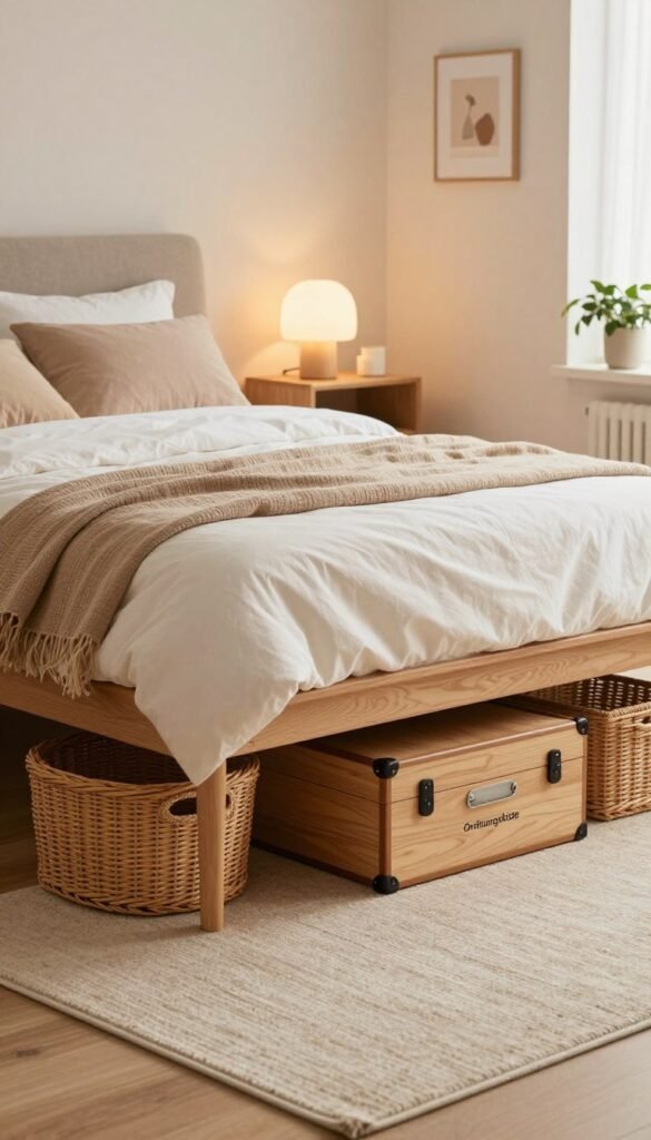 A modern, cozy bedroom scene showcasing "invisible storage" solutions, featuring a neatly arranged bed with soft, warm bedding. In the foreground, stylish wicker baskets and elegant wooden trunks under the bed are subtly integrated into the decor, symbolizing hidden storage. The middle ground includes an inviting area rug and a nightstand with a gently glowing lamp, casting warm light across the room. In the background, soft, muted walls enhance the Pinterest-inspired aesthetic, adorned with minimalistic decor and plants. The atmosphere is calm and organized, reflecting a serene home environment. Incorporate the brand "Ordnungskiste" on an elegant storage box that blends seamlessly into the setting. The composition should be bright, airy, and inviting, emphasizing the theme of practical organization without visible clutter.